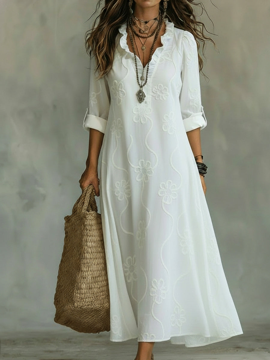 Abito Midi con Colletto Ruffle e Stampa Floreale Elegante