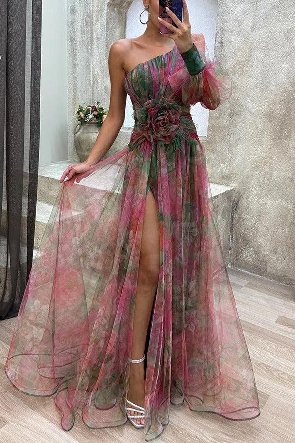 Abito Maxi in Tulle con Manica a Spalla Unica e Fessura, Bellezza Pittorica