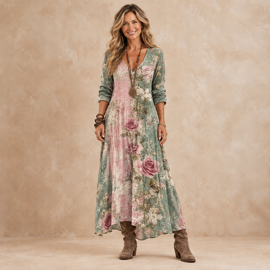 Petalo | Abito lungo a rose con scollo a V che slancia