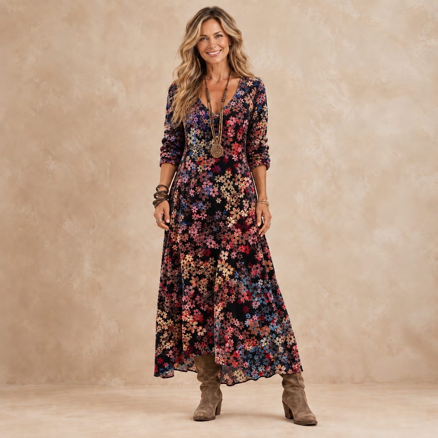 Dalia | Abito lungo a fiori con scollo a V che slancia
