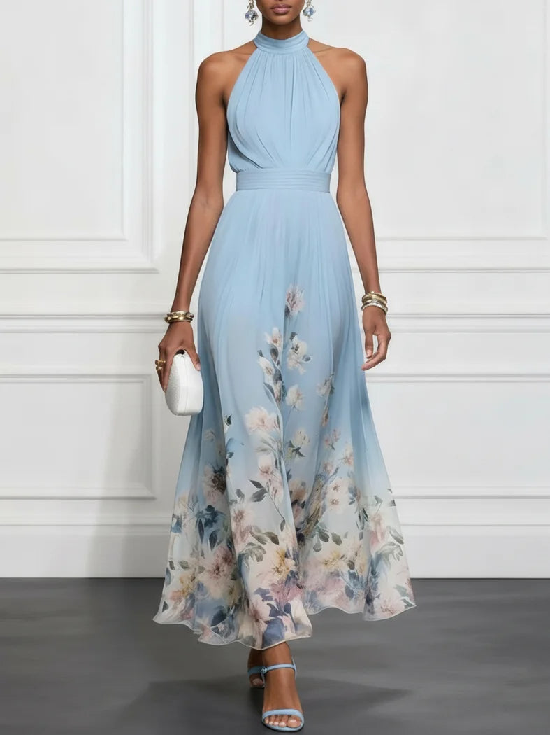 Abito Maxi Senza Maniche in Chiffon Floreale Azzurro Chiaro