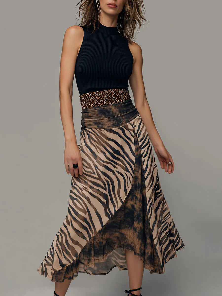 Abito Midi Senza Maniche Patchwork Stampa Zebra Vintage