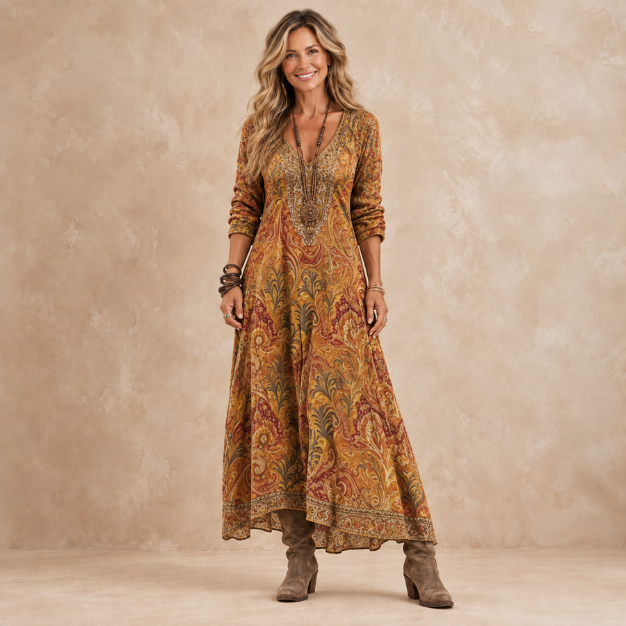 Zafferano | Abito lungo paisley con scollo a V che slancia