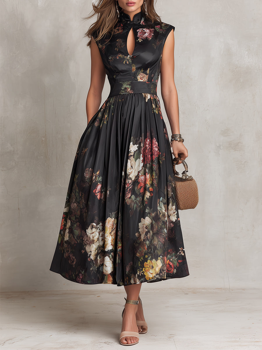 Abito Midi in Satin Pieghettato con Collo a Finestra Nera