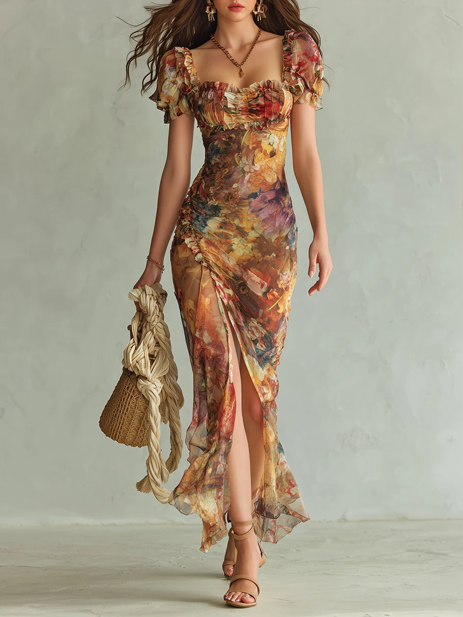 Stampa di un Dipinto a Olio Bohemien Arancione su Abito Maxi in Chiffon