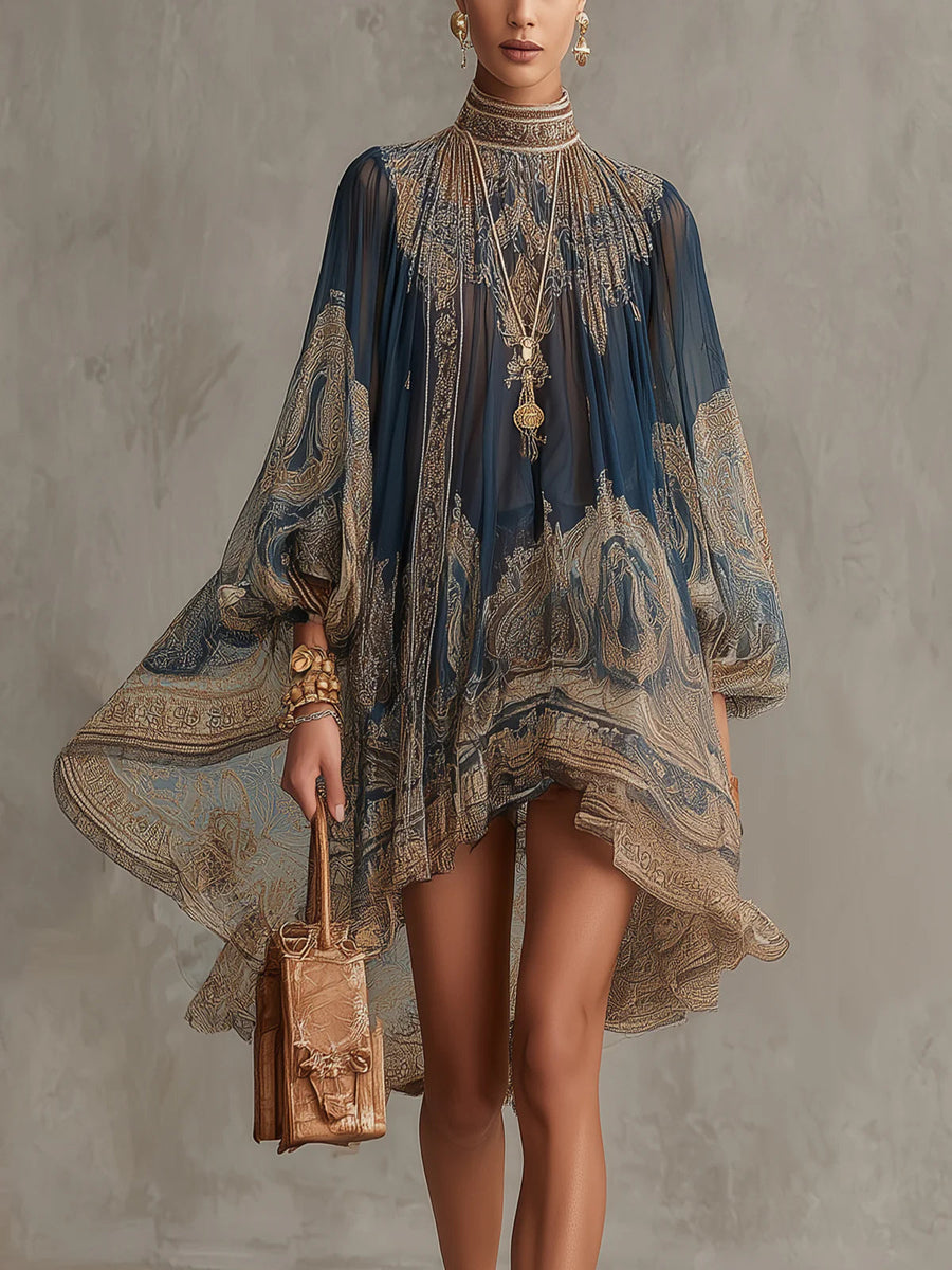 Abito Mini Chiffon Irregolare a Collo Alto con Stampa Barocca Blu Navy