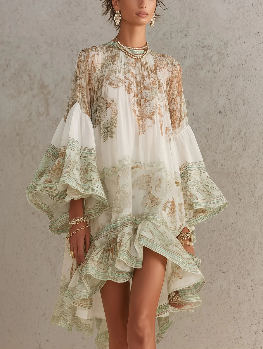 Abito Mini in Chiffon con Maniche a Volant e Orlo a Rouches Verde
