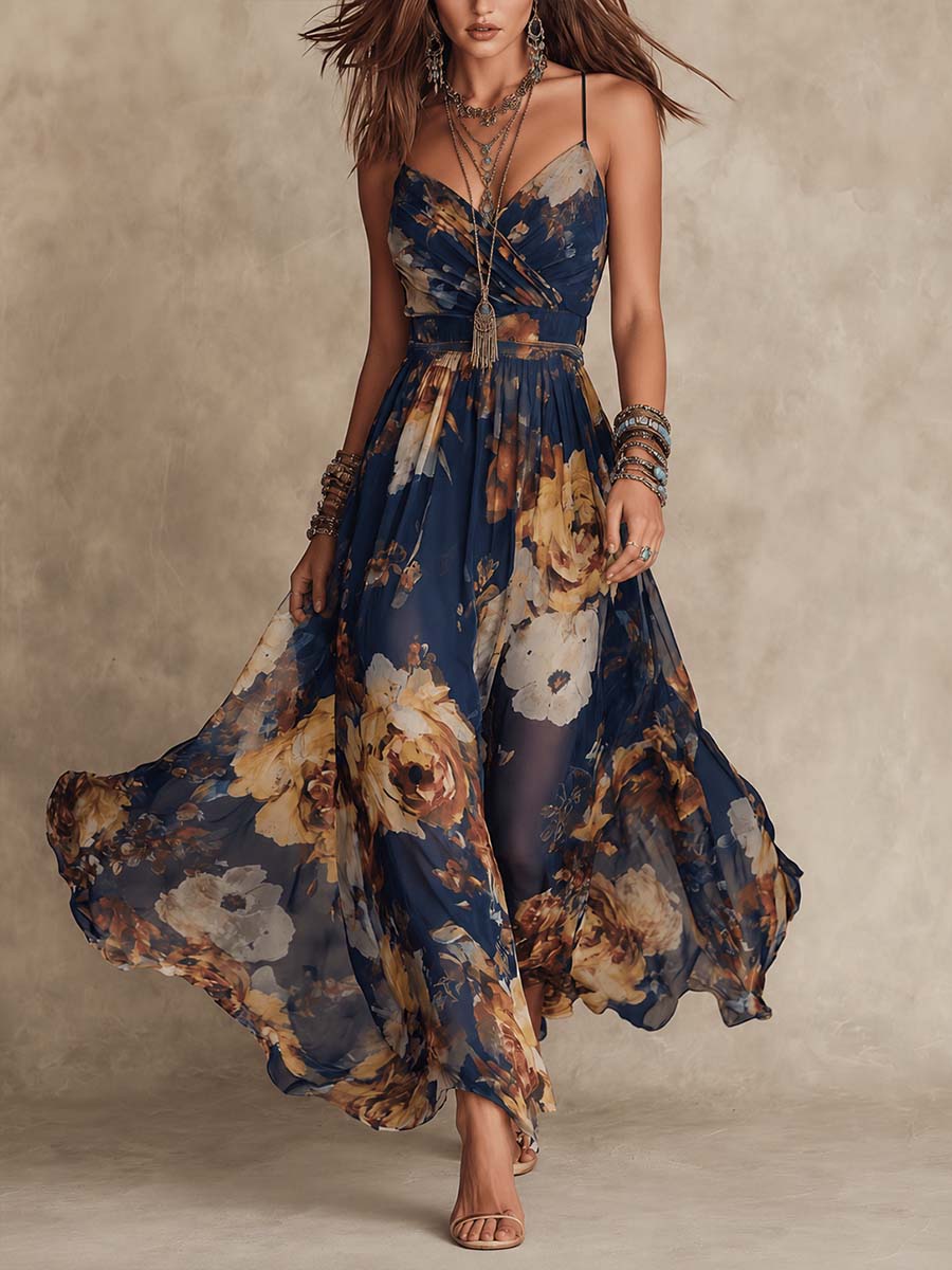 Abito Maxi in Chiffon a Stampa Floreale Blu Navy con Spalline