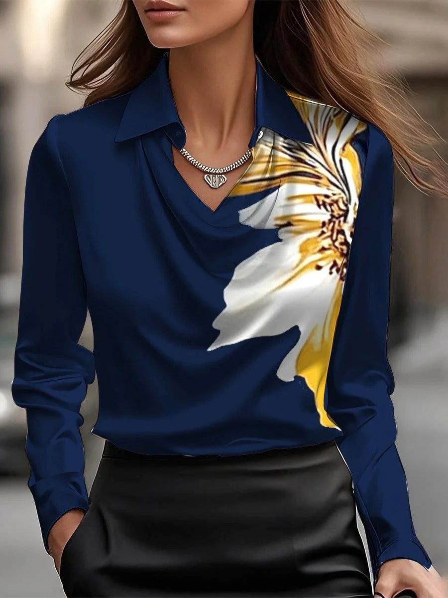 Camicia Top Semplice con Collo a Swing in Raso Solido con Stampa Floreale