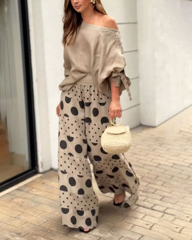 Top Spalla Casual e Pantaloni Stampati Set Due Pezzi