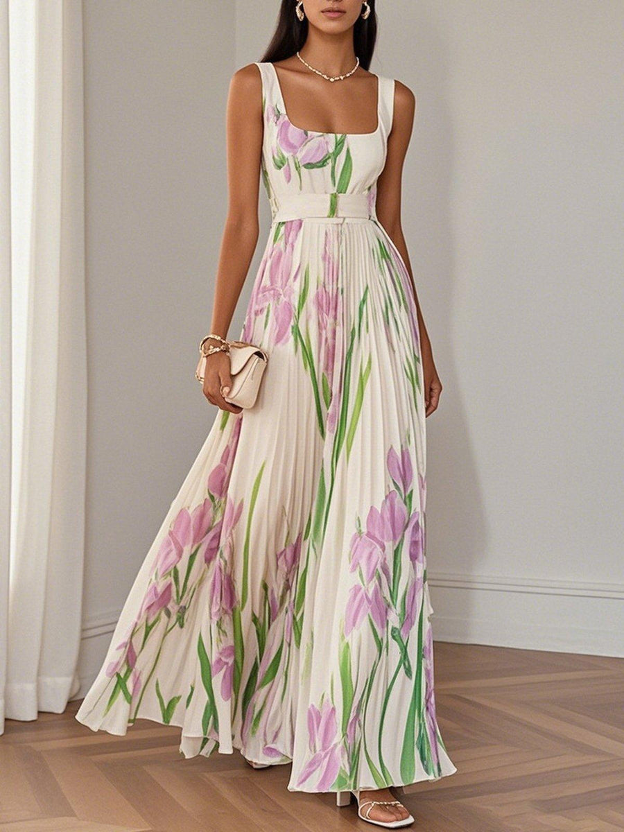 Abito Maxi A-Line Senza Maniche con Collo Quadrato in Chiffon a Fiori Pieghettato