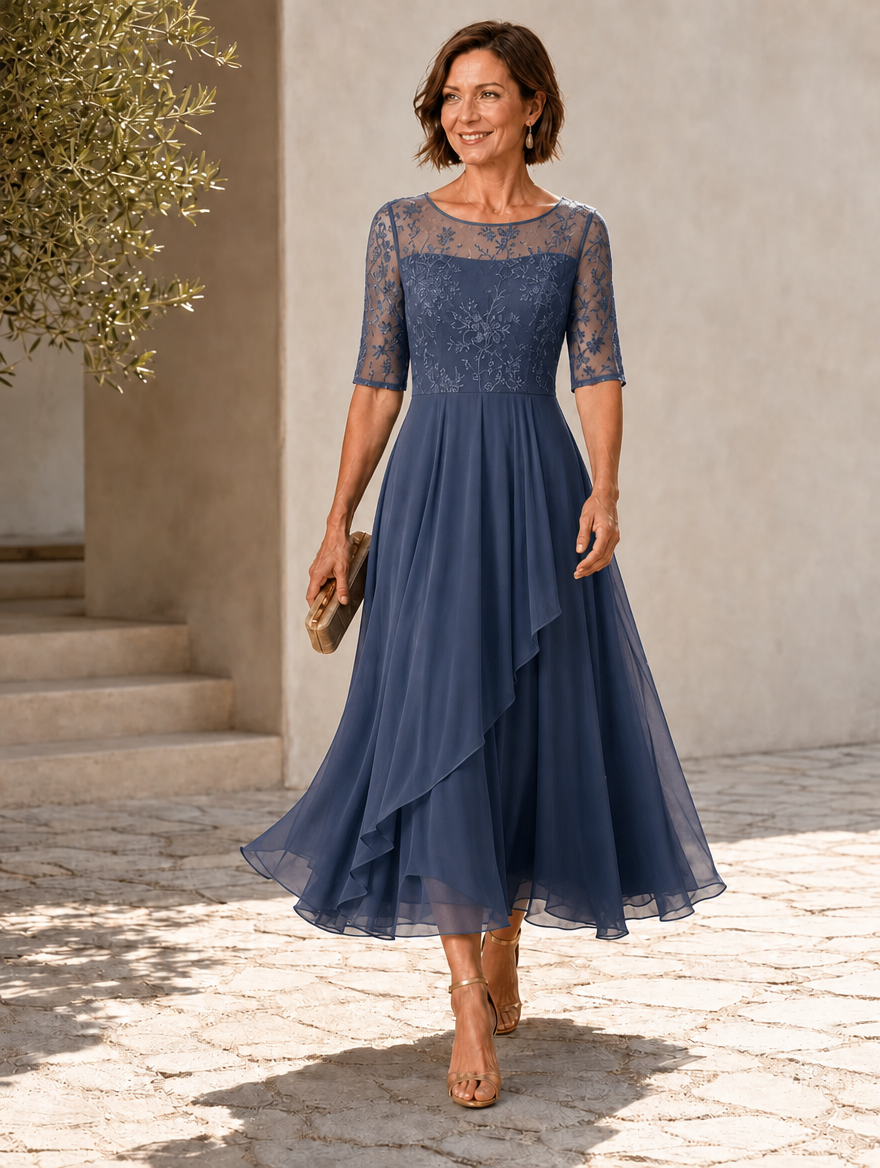 Rosa | Lace midi dress with layered chiffon skirt