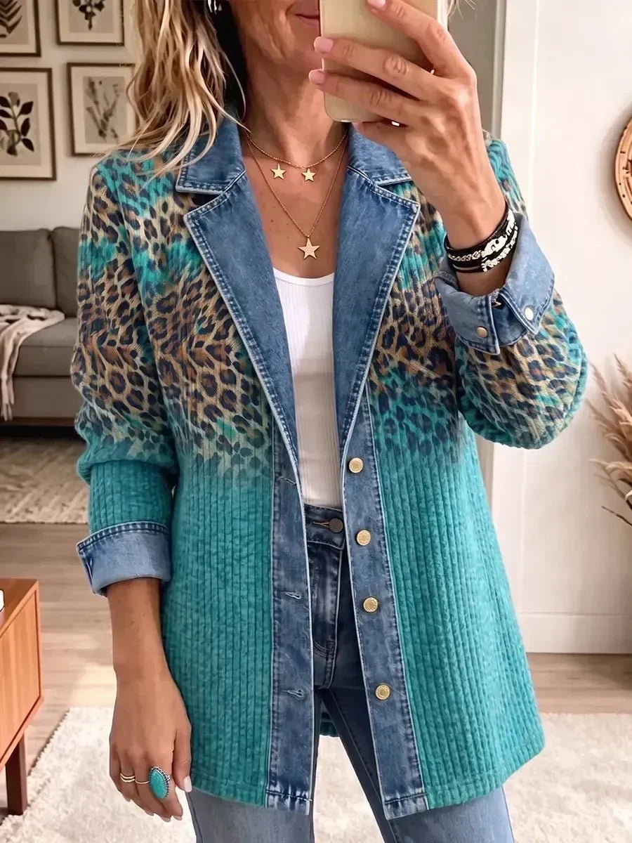 Olivia | Giacca Leopardata Verde Acqua con Dettagli Jeans