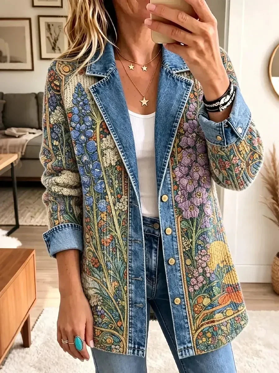 Elizabeth | Giacca a Fiori Multicolore con Dettagli Jeans