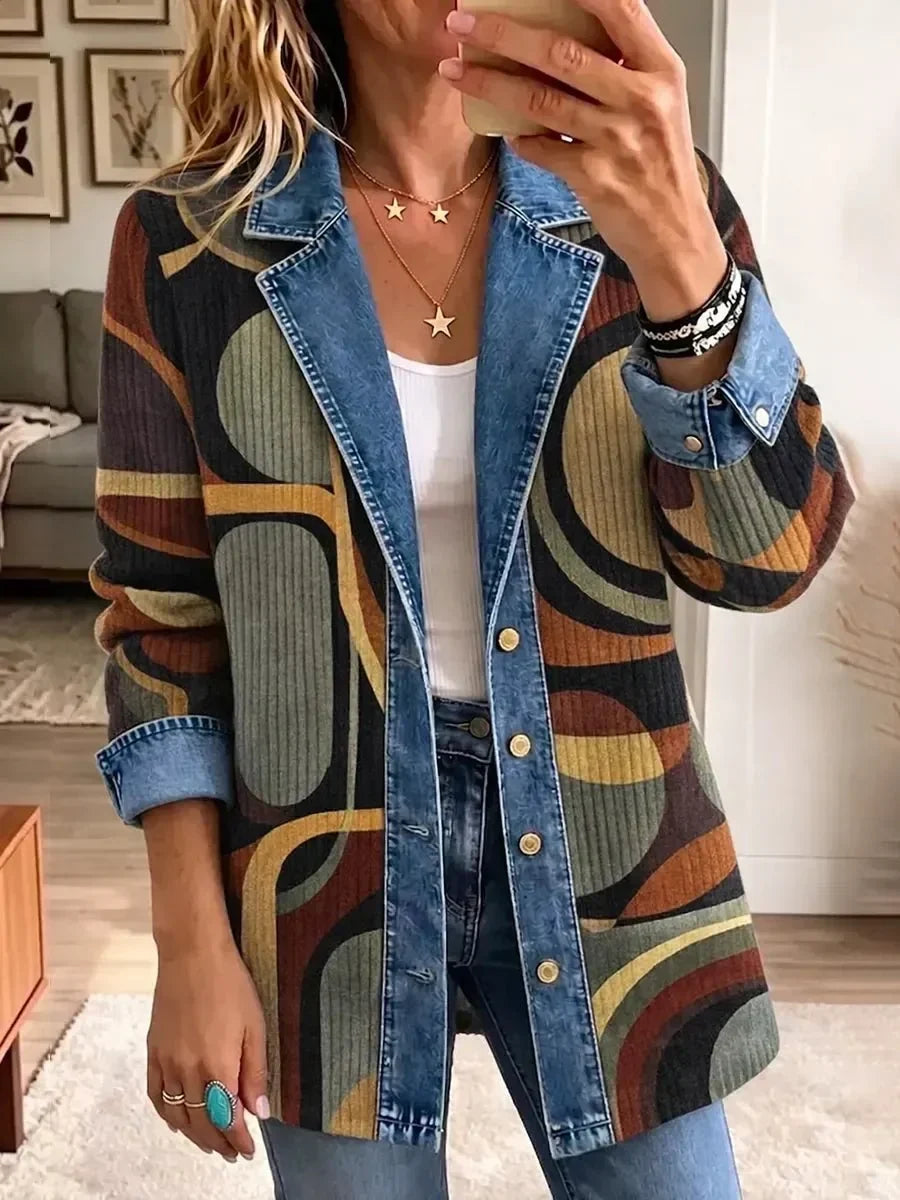 Avery | Giacca Geometrica nei Toni della Terra con Dettagli Jeans