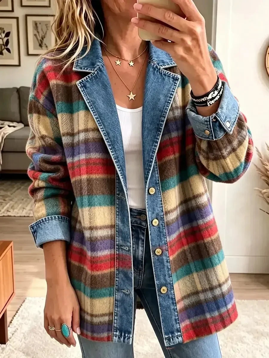 Charlotte | Giacca Patchwork a Quadri con Dettagli Jeans