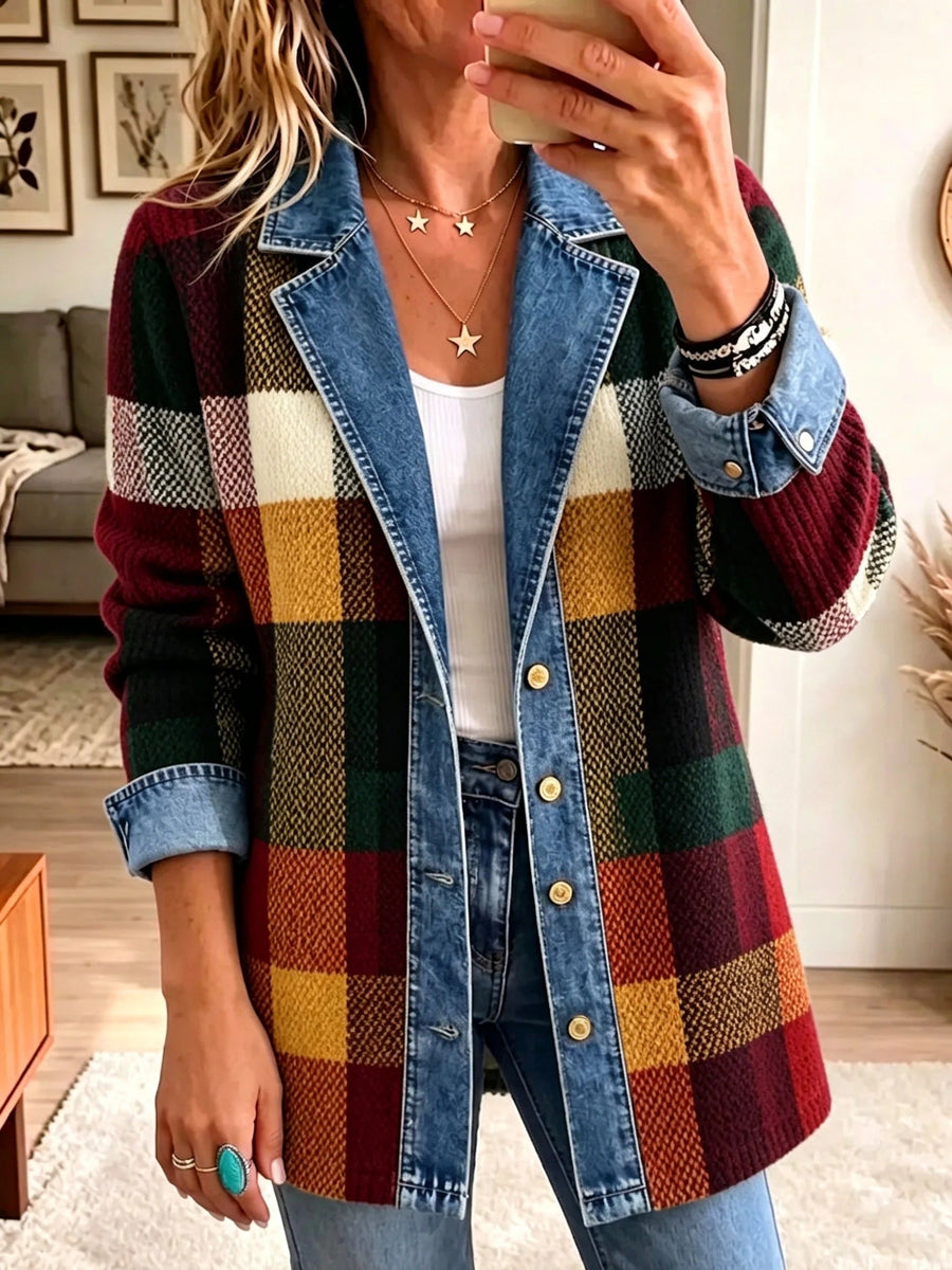 Isabella | Giacca in Maglia a Quadri Multicolore con Dettagli Jeans