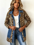 Giacca lunga leopardata con inserti in denim a contrasto