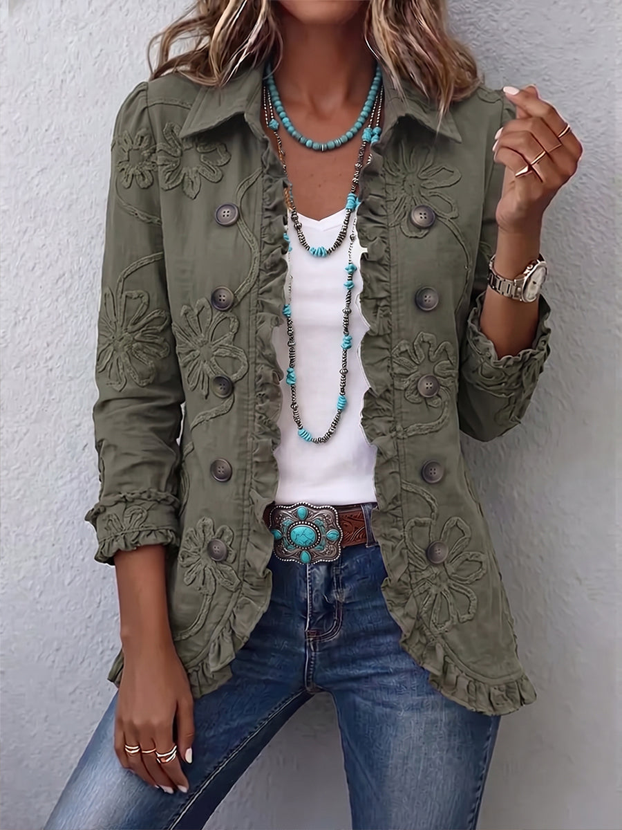 Giacca utility boho chic con ricamo floreale e volant